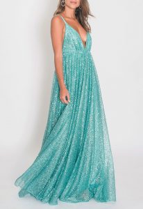 Vestido longo de saia rodada com brilho