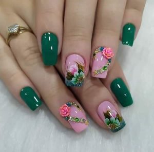 unha decorada verde com flores 2