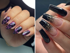Unha preta decorada com glitter