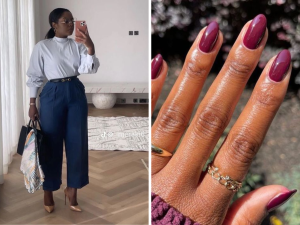 Calça de Alfaiataria com Unhas marsala (Pinterest)