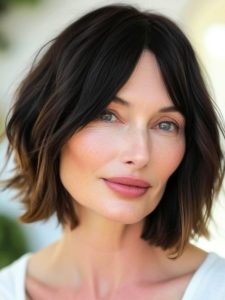 mulher com corte bob com franja cortina