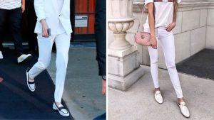 jeans branco com mocassins