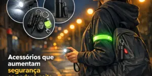 Homem com braçadeira reflexiva e acessórios seguros ao andar à noite