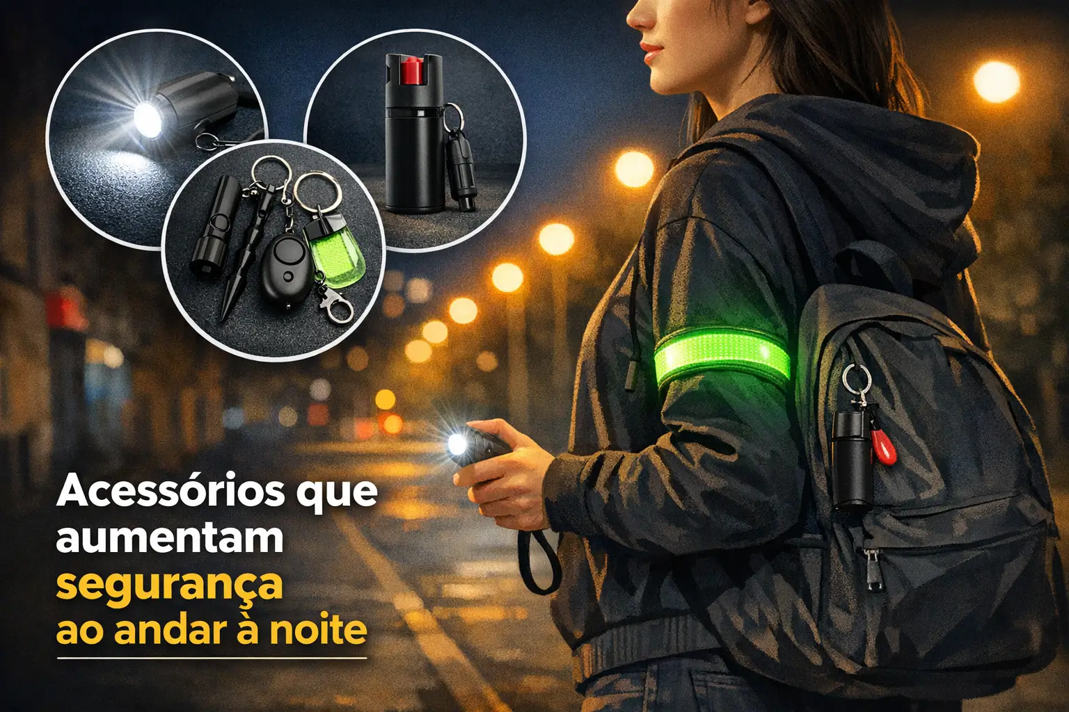 Homem com braçadeira reflexiva e acessórios seguros ao andar à noite