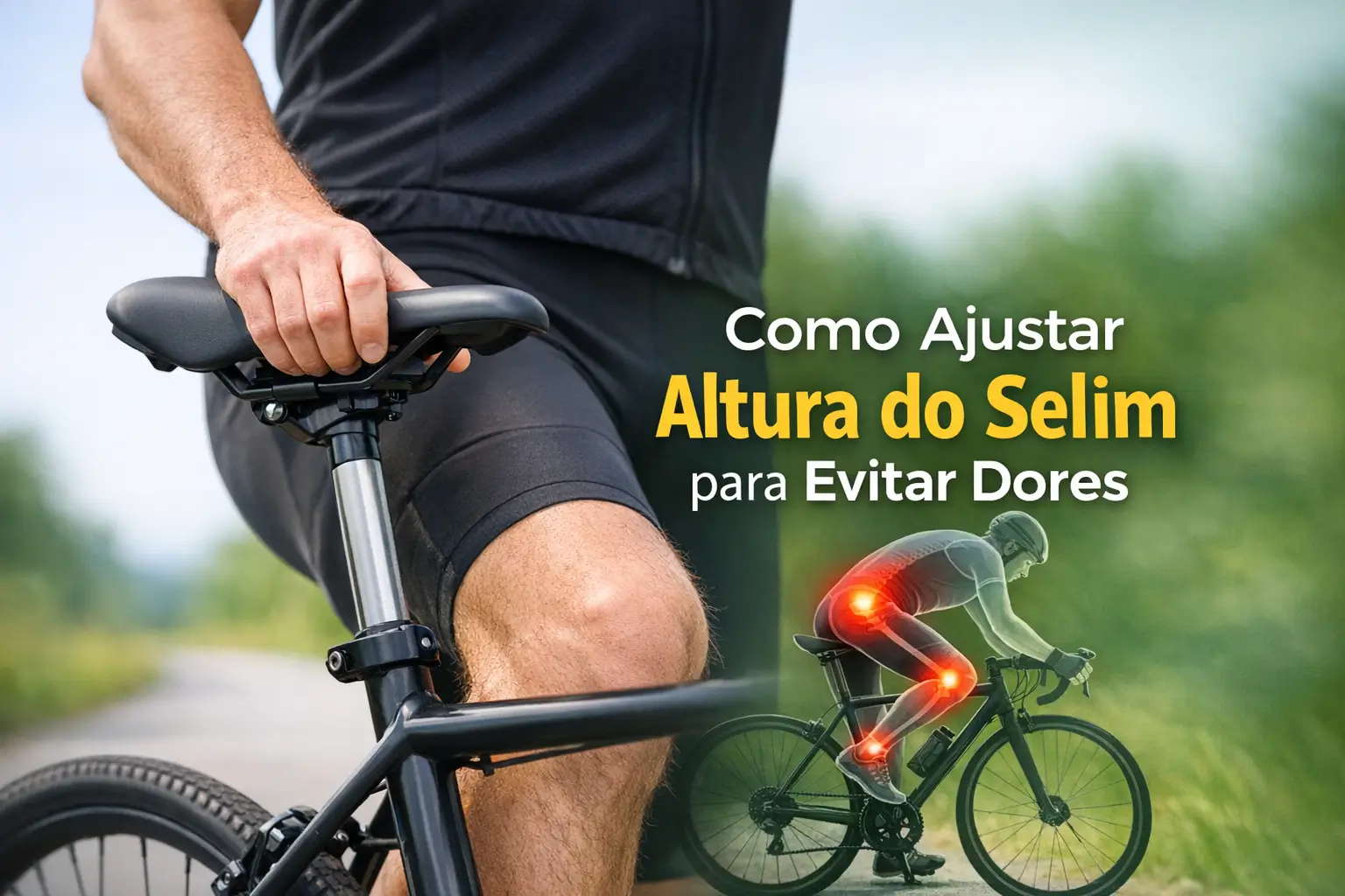 Ciclista ajustando o selim da bicicleta para evitar dores ao pedalar