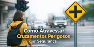 Mulher com jaqueta amarela atravessa rua perigosa com sinal vermelho no Brasil