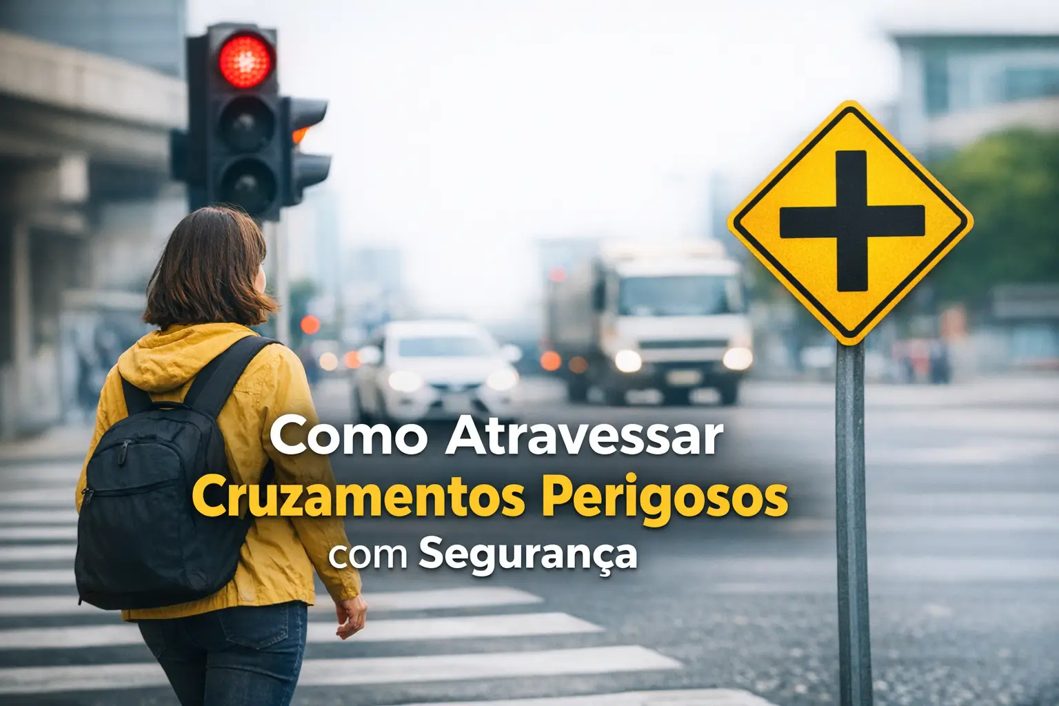 Mulher com jaqueta amarela atravessa rua perigosa com sinal vermelho no Brasil