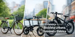 Comparação entre bicicleta urbana, dobrável e elétrica com cidade verde ao fundo