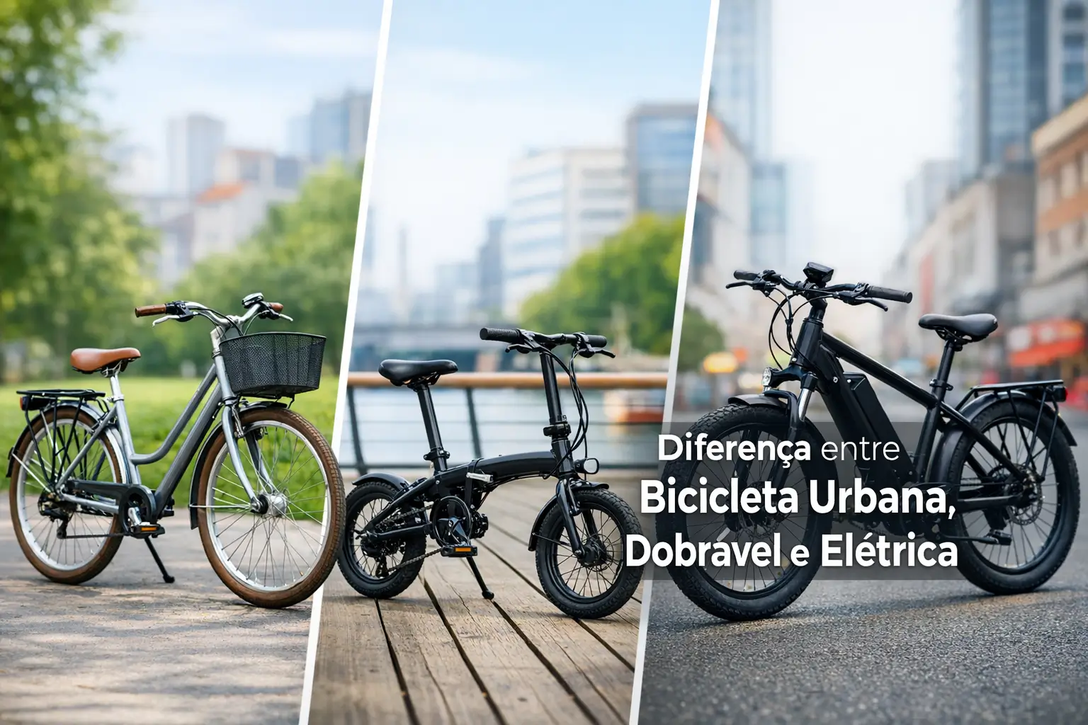 Comparação entre bicicleta urbana, dobrável e elétrica com cidade verde ao fundo