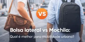 Bolsa lateral e mochila com foco na mobilidade urbana em cidade brasileira.