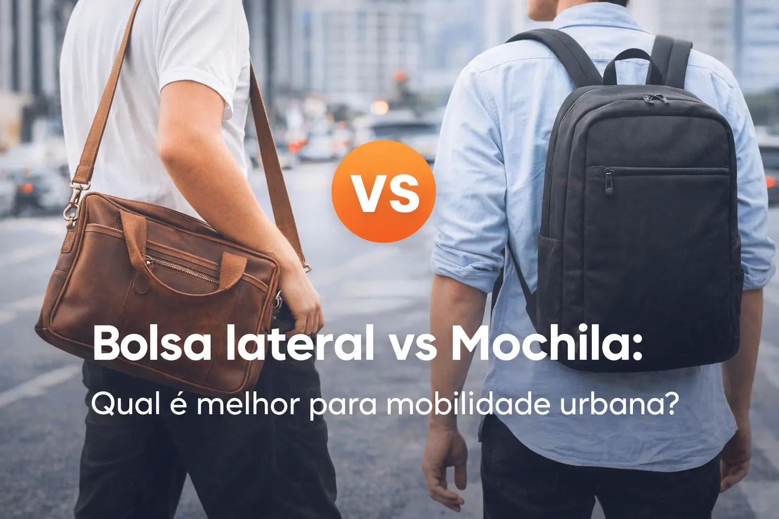 Bolsa lateral e mochila com foco na mobilidade urbana em cidade brasileira.