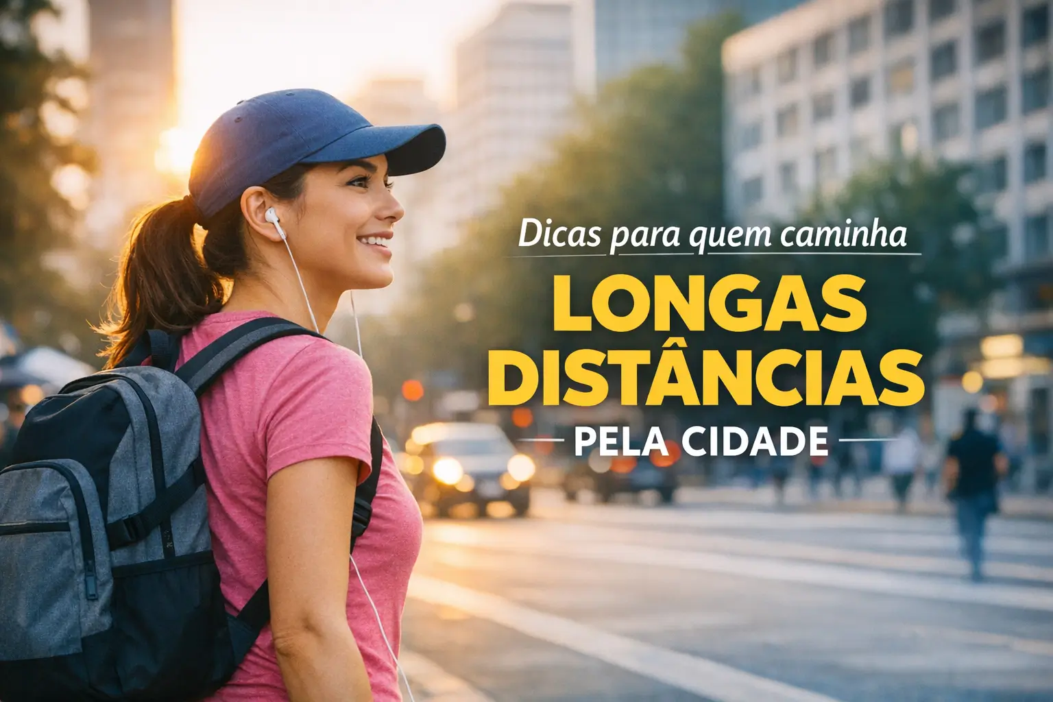Mulher caminhando na cidade com fone e mochila, dicas de longas distâncias