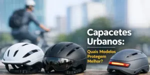 Capacetes urbanos em madeira com ciclista e prédios ao fundo
