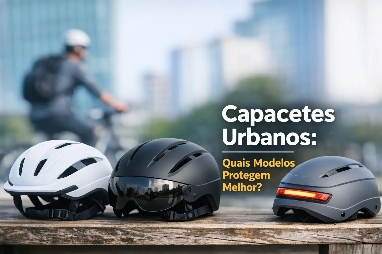 Capacetes urbanos em madeira com ciclista e prédios ao fundo