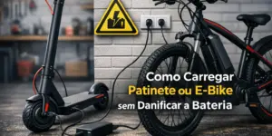 Patinete elétrico e bicicleta elétrica carregando com aviso de segurança de bateria