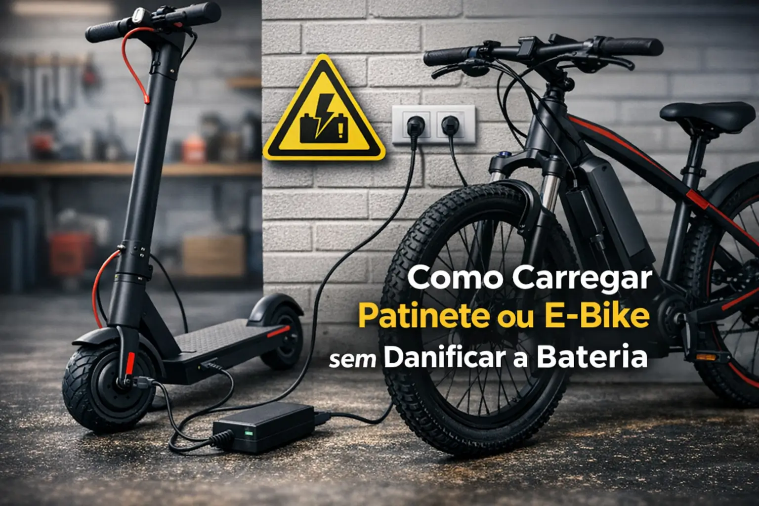 Patinete elétrico e bicicleta elétrica carregando com aviso de segurança de bateria