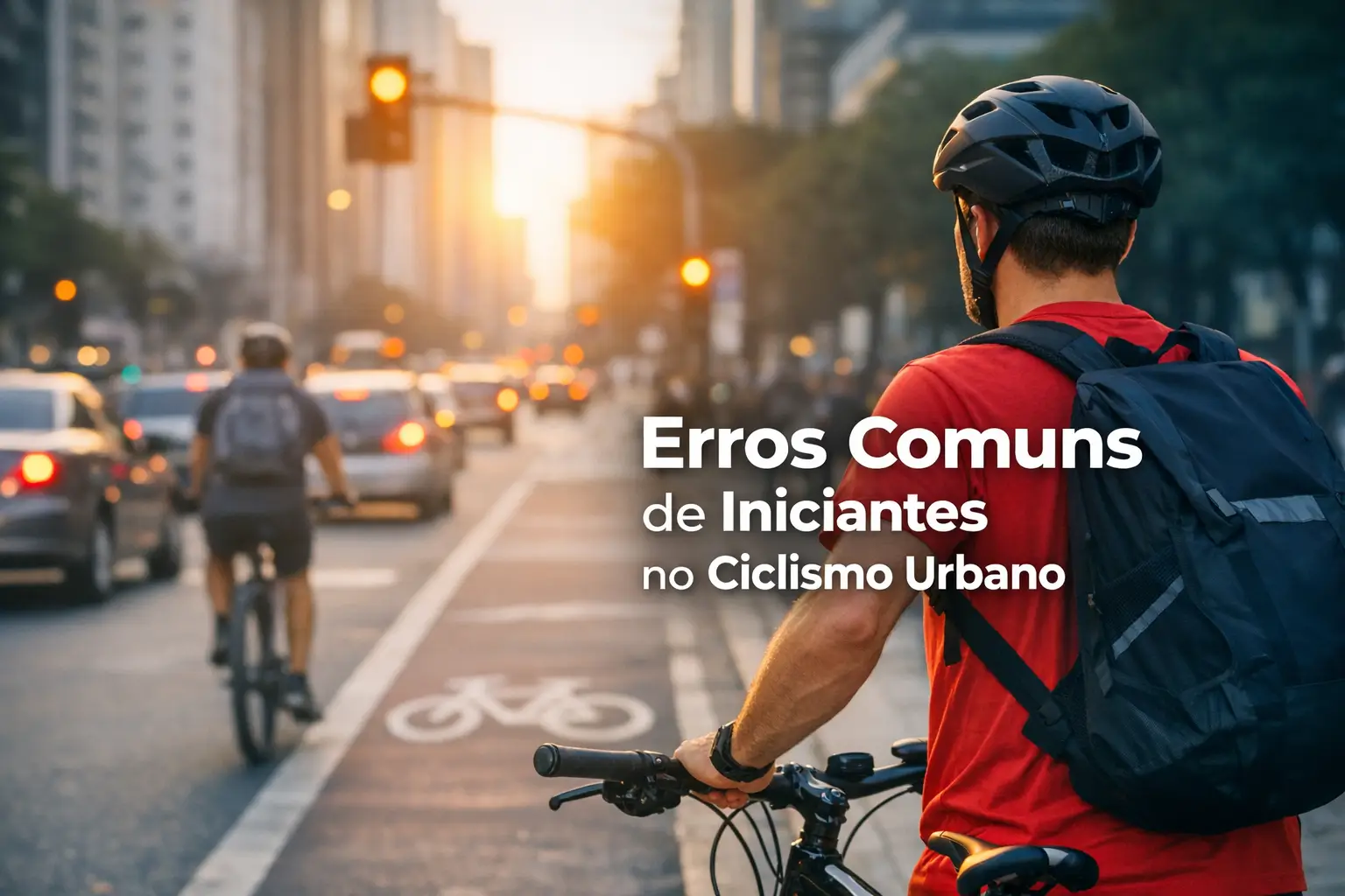 Ciclista urbano com mochila compartilhando a estrada com carros ao pôr do sol