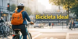 Mulher de bicicleta azul em cidade com mochilha laranja e capacete