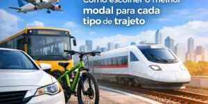 Carro, bicicleta, ônibus, trem e avião representando opções de transporte.