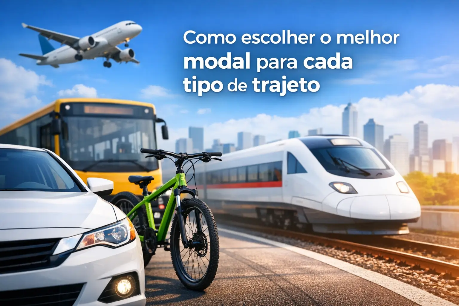 Carro, bicicleta, ônibus, trem e avião representando opções de transporte.