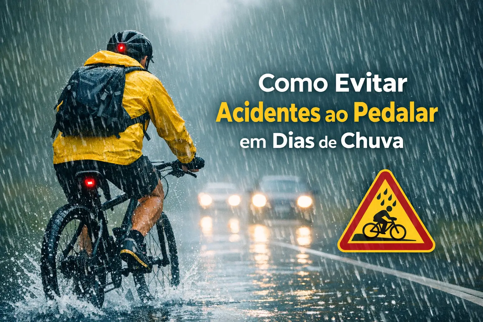 Ciclista com capa de chuva amarela pedalando na chuva, com trânsito ao fundo
