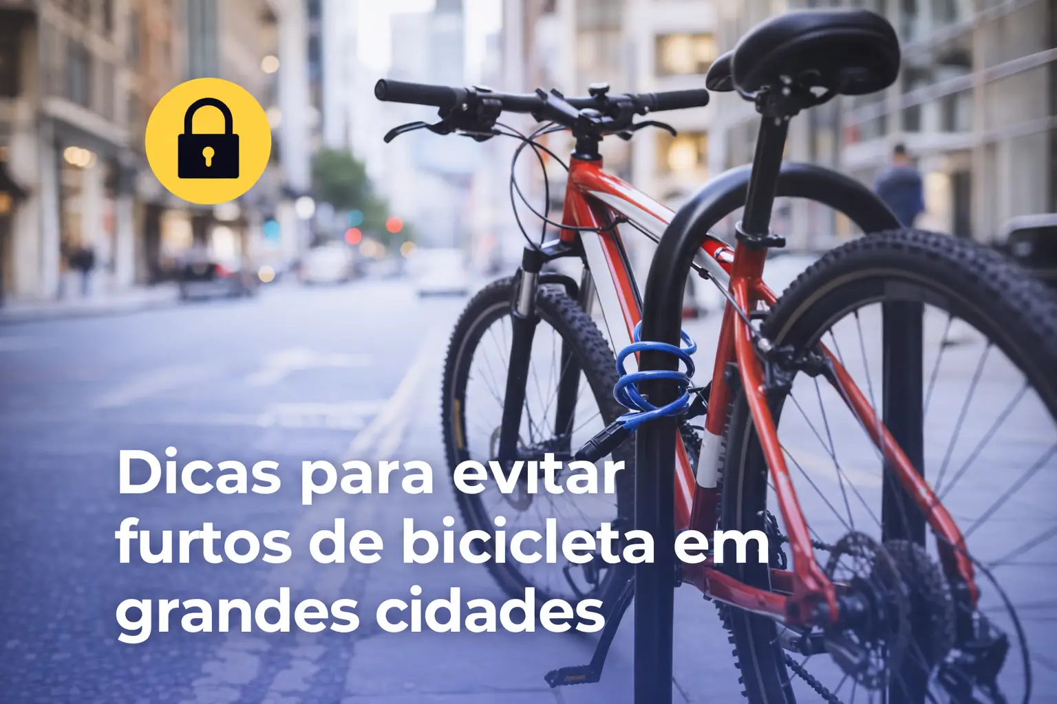 Bicicleta vermelha trancada em suporte urbano com dica de segurança