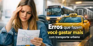 Mulher preocupada analisando mapa em transporte urbano brasileiro