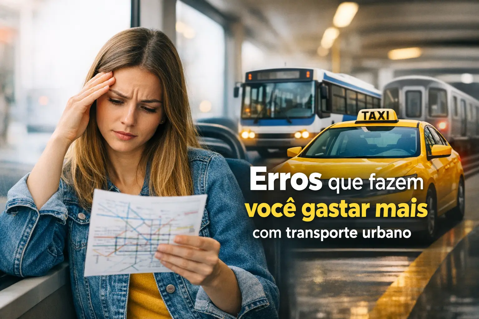 Mulher preocupada analisando mapa em transporte urbano brasileiro