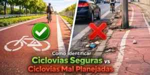 Ciclovia segura com ciclista e ciclovia mal planejada ao lado de estrada movimentada