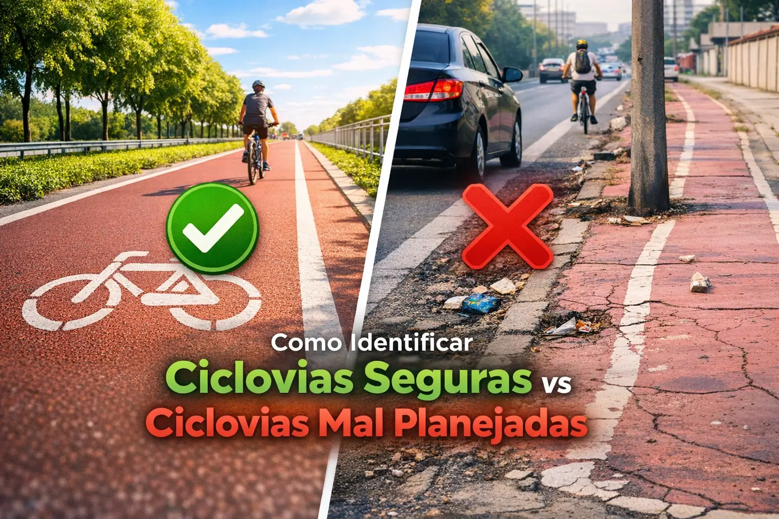 Ciclovia segura com ciclista e ciclovia mal planejada ao lado de estrada movimentada