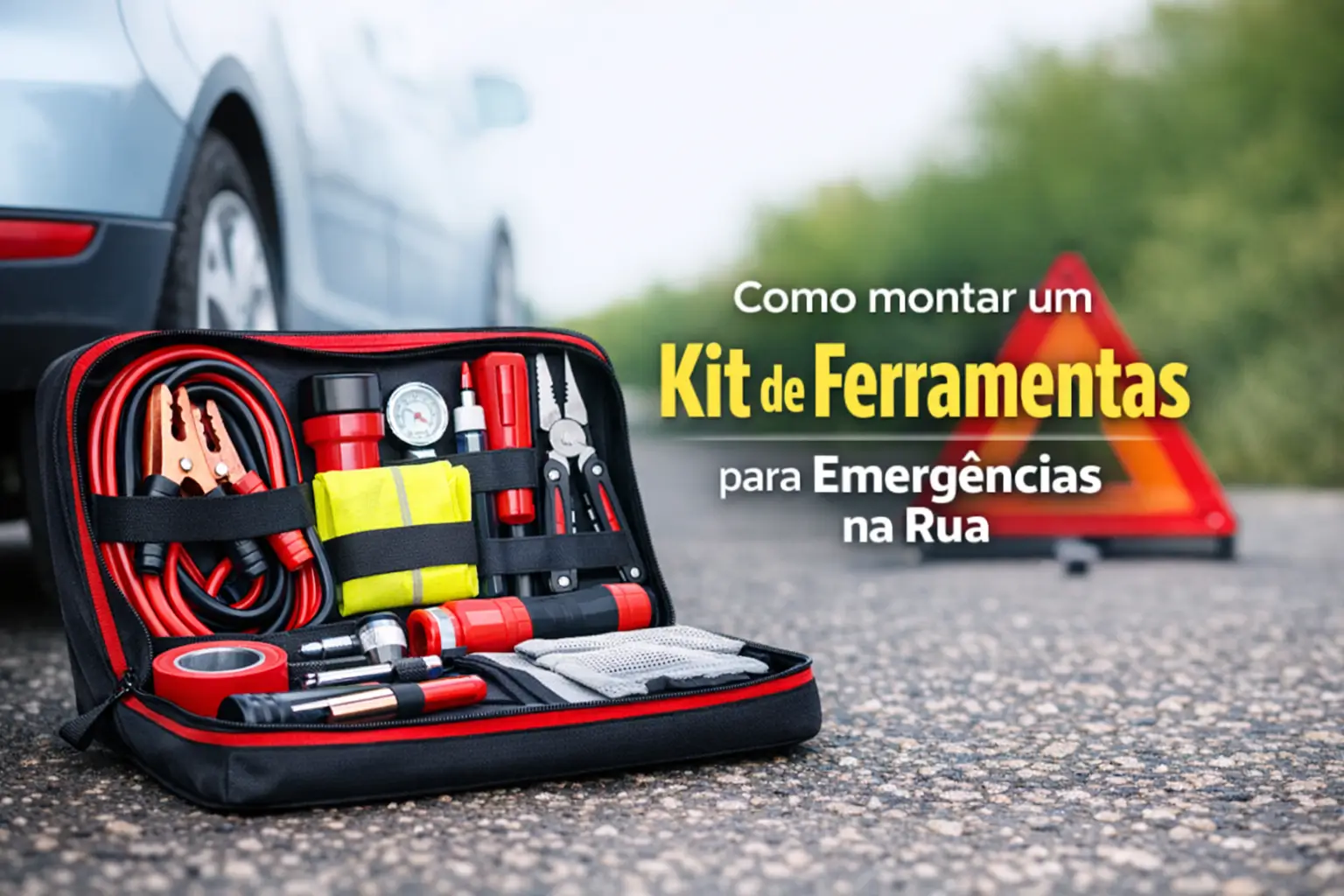 Kit de ferramentas com cabos, lanterna e colete refletor para emergência