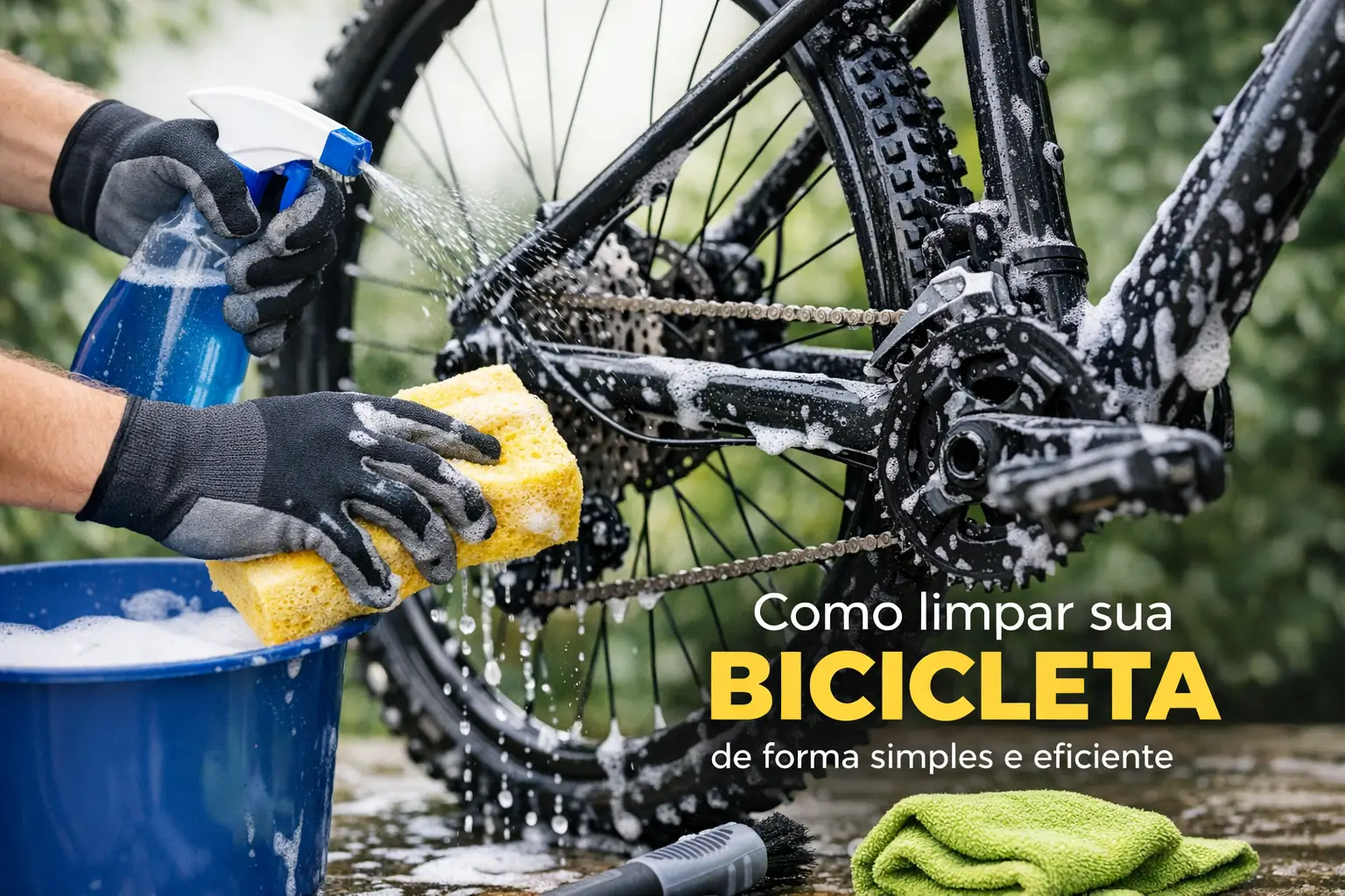 Pessoa limpando bicicleta com luva preta e esponja amarela no exterior