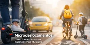 Cenário urbano com patinetes elétricos, ciclista e carro em 2026
