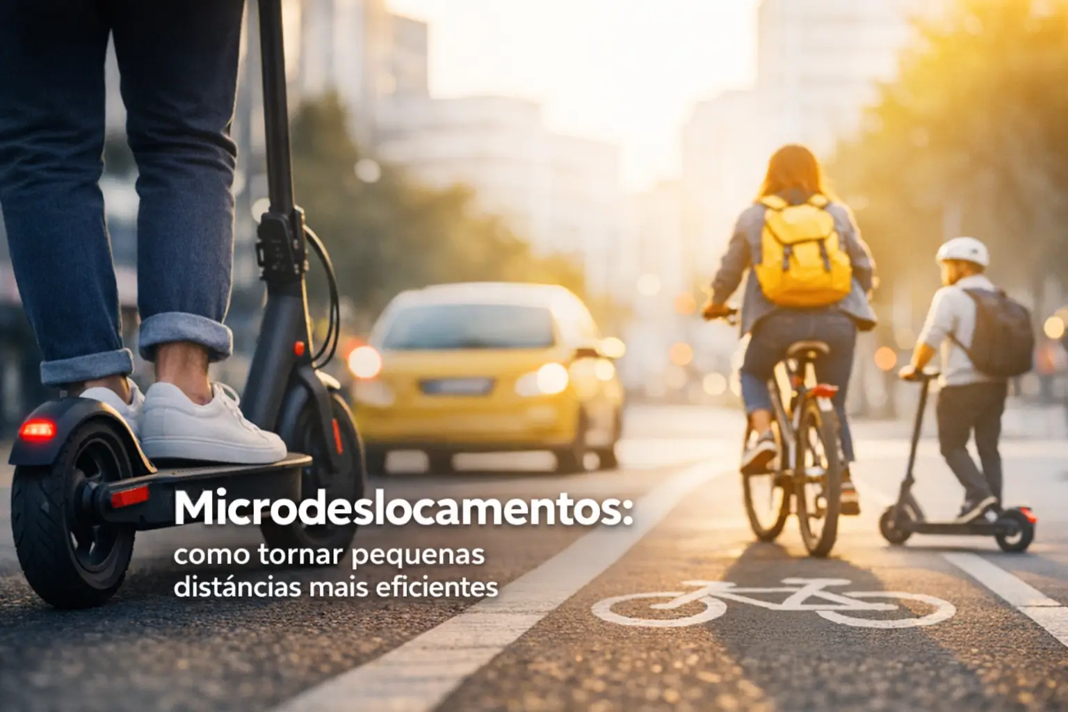 Cenário urbano com patinetes elétricos, ciclista e carro em 2026