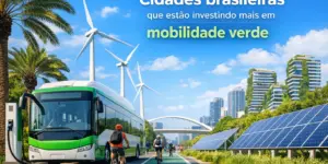 Ônibus verde em estação sustentável com ciclovia e turbinas eólicas ao fundo
