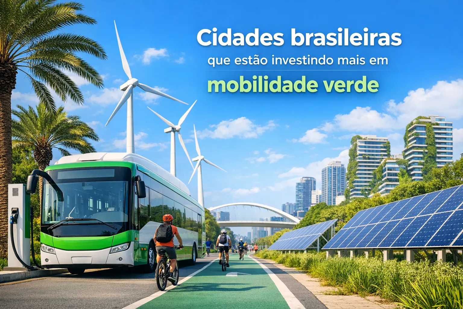 Ônibus verde em estação sustentável com ciclovia e turbinas eólicas ao fundo