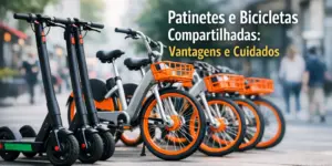 Patinetes e bicicletas compartilhadas em ambiente urbano movimentado