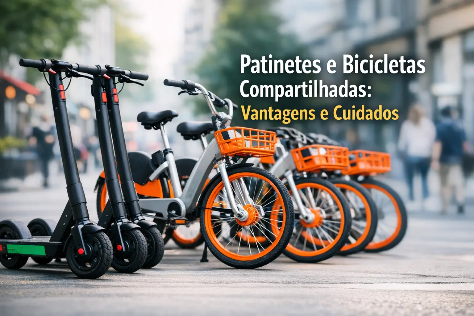 Patinetes e bicicletas compartilhadas em ambiente urbano movimentado