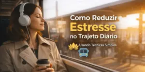 Mulher com fones, café e texto sobre reduzir estresse no trajeto