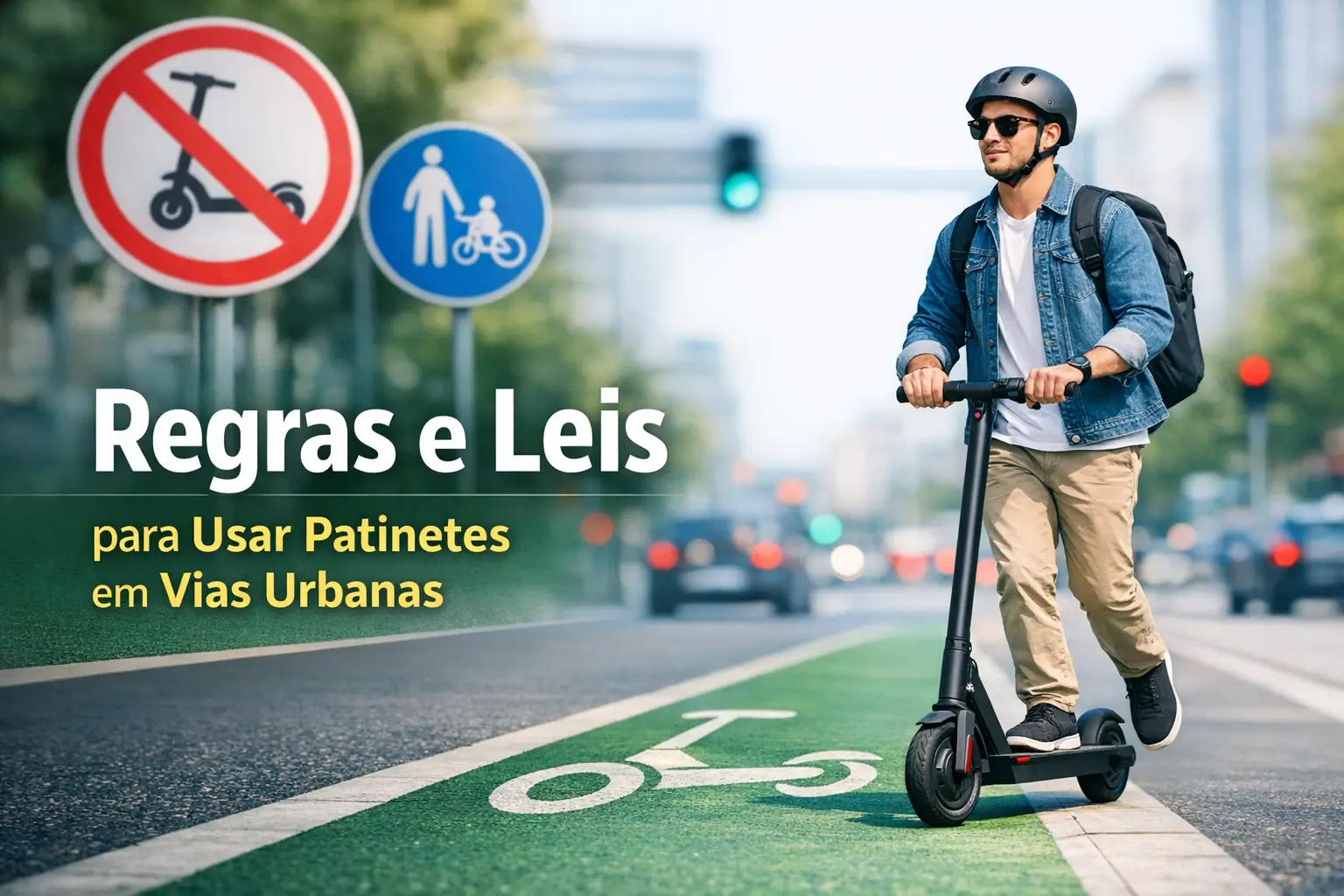 Homem de capacete em patinete elétrico em faixa verde urbana com sinais de trânsito.