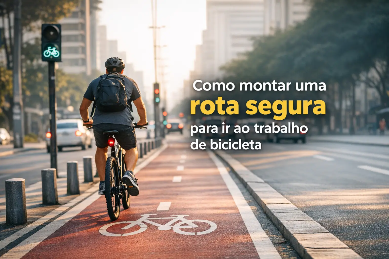 Ciclista em pista urbana com sinal verde para bicicleta durante manhã.