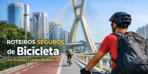 Ciclista em rota segura com ponte e prédios ao fundo