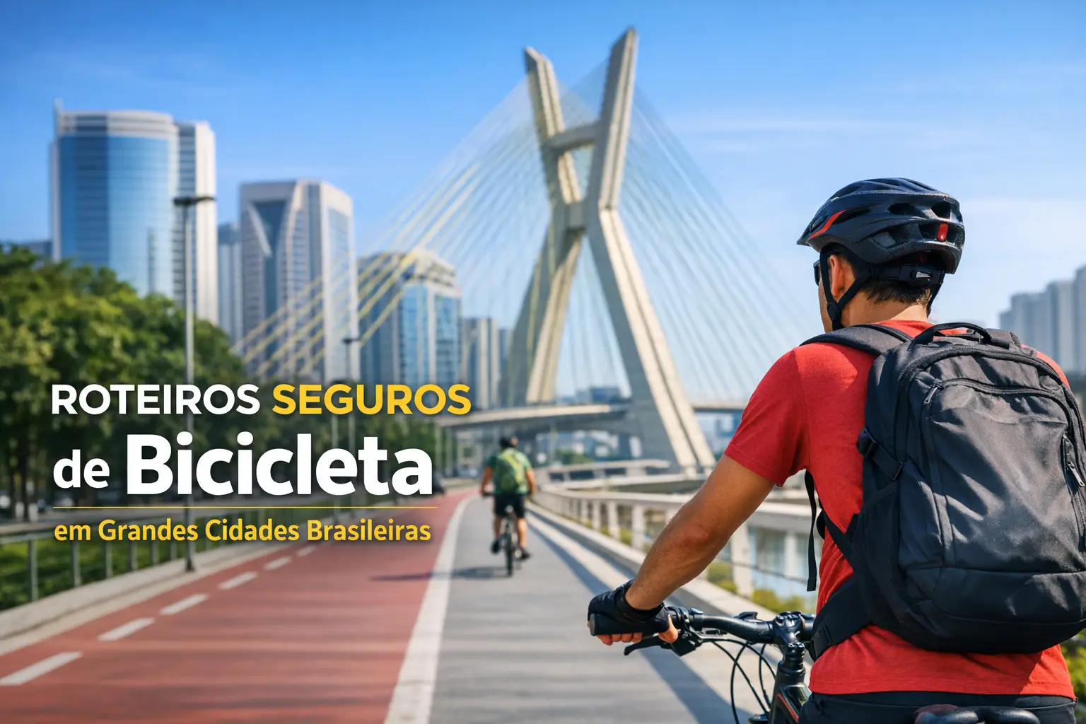 Ciclista em rota segura com ponte e prédios ao fundo