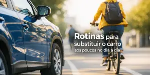 Ciclista em jaqueta amarela substituindo o carro em área urbana, incentivando transporte sustentável