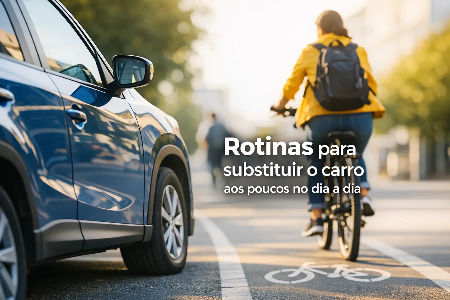 Ciclista em jaqueta amarela substituindo o carro em área urbana, incentivando transporte sustentável