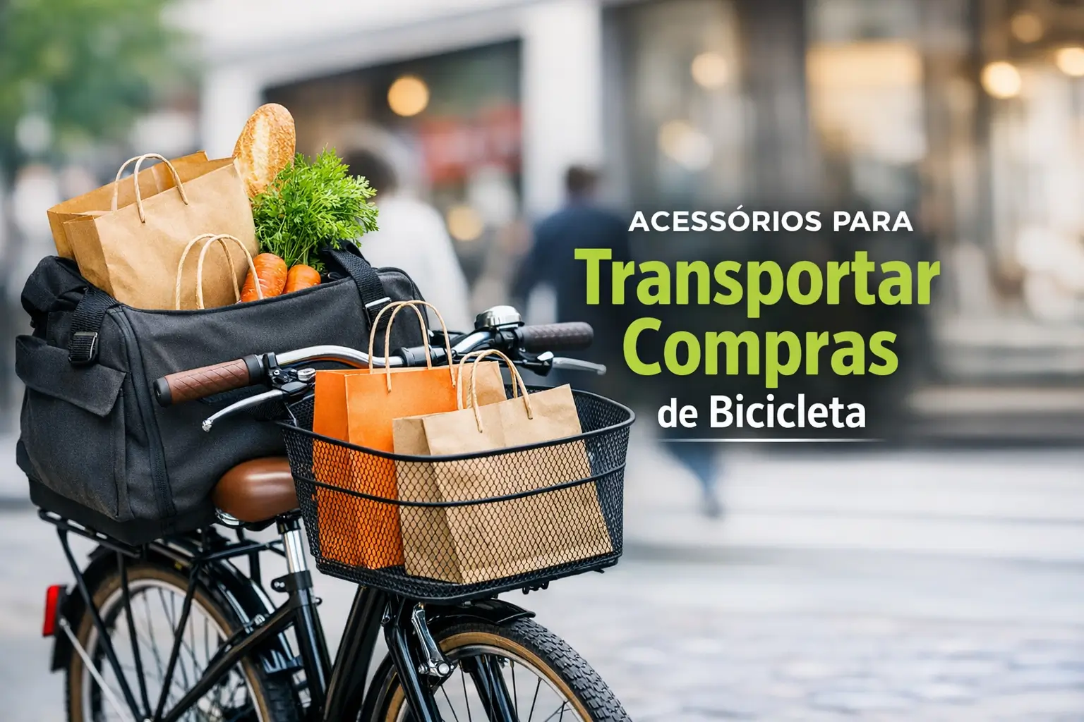Bicicleta com cestas para compras em uma paisagem urbana