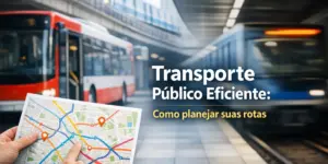 Pessoa com mapa em frente a ônibus e trem, planejamento rotas.