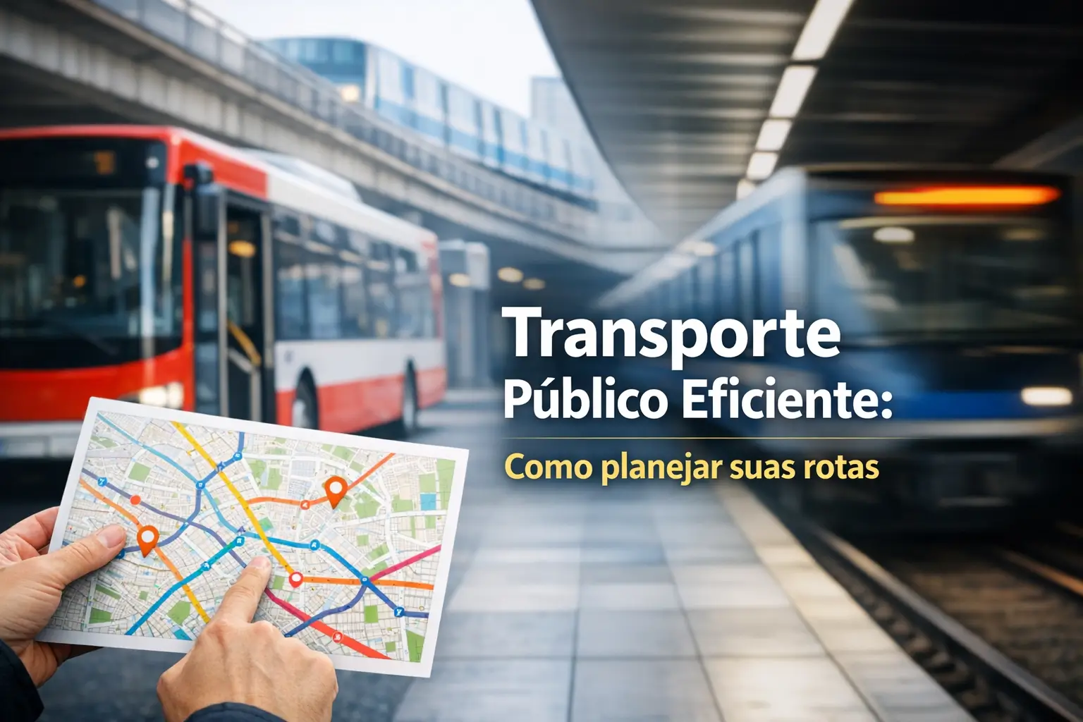 Pessoa com mapa em frente a ônibus e trem, planejamento rotas.