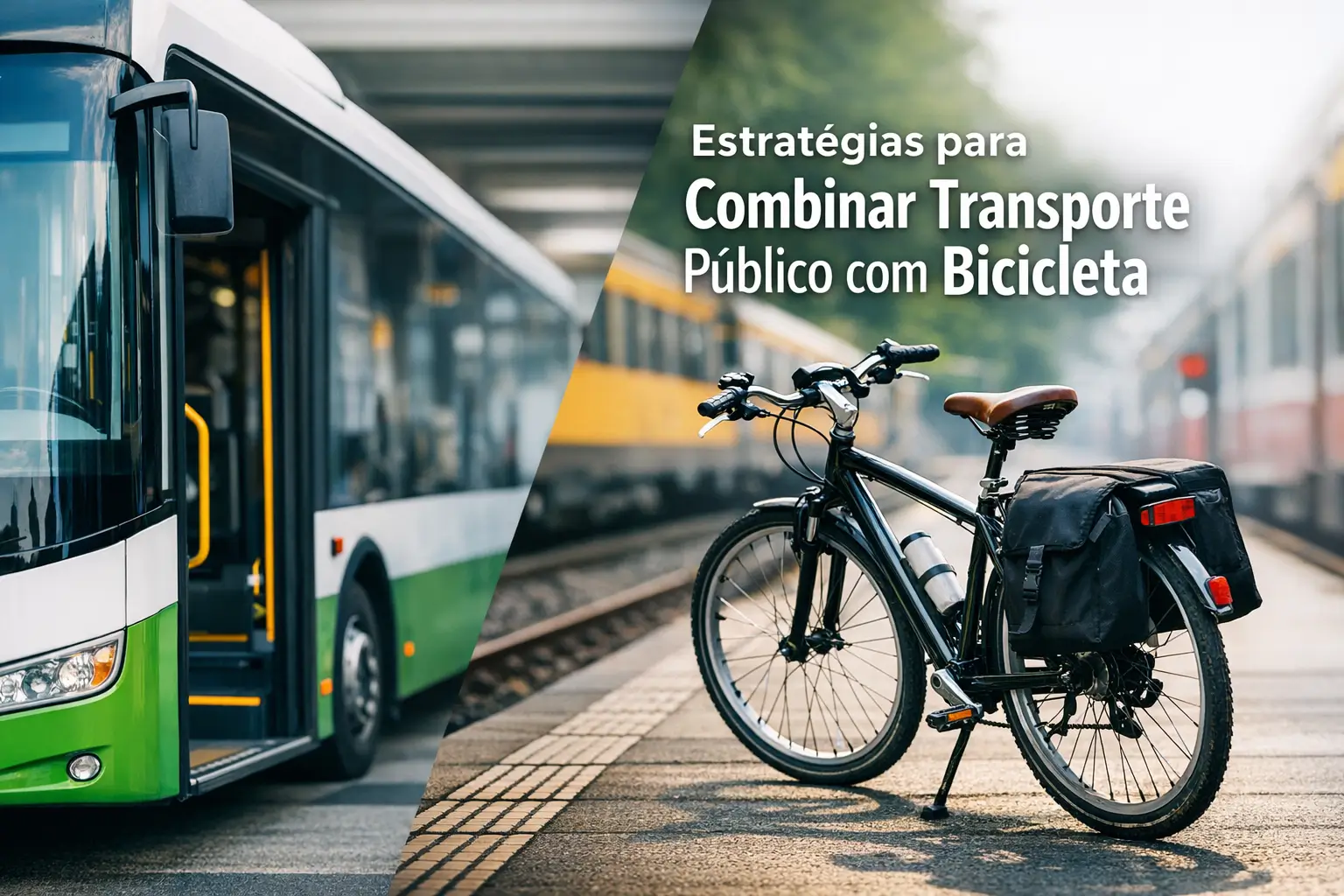 Ônibus verde e branco e bicicleta preta em estação com trem ao fundo