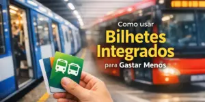 Mão segura bilhetes integrados com trem e ônibus ao fundo